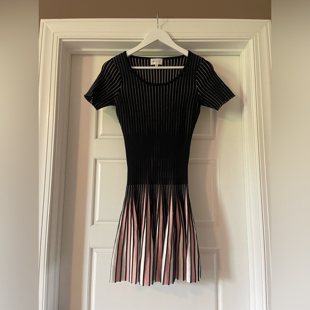 Milly Black and Pink Striped Midi Dress